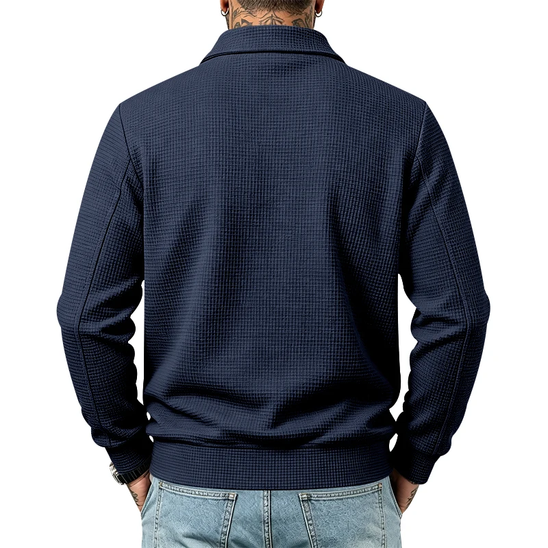 Herren Frühlings- und Herbstjacke aus Waffelstrick mit Reißverschluss, lässig, locker, leicht, mit Kragen, für den Alltag. – Detail 34