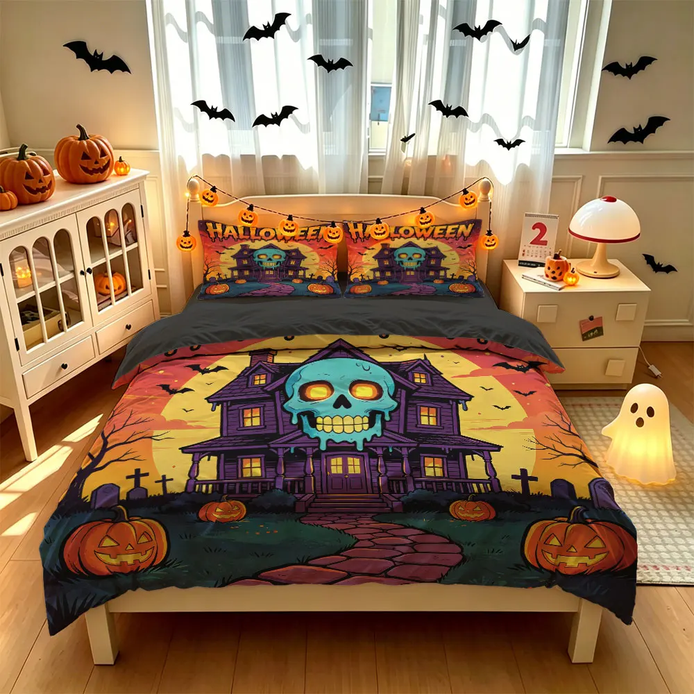 3-piece skeleton-themed Halloween bedding set, including one duvet cover two pillowcases bedding decoration
