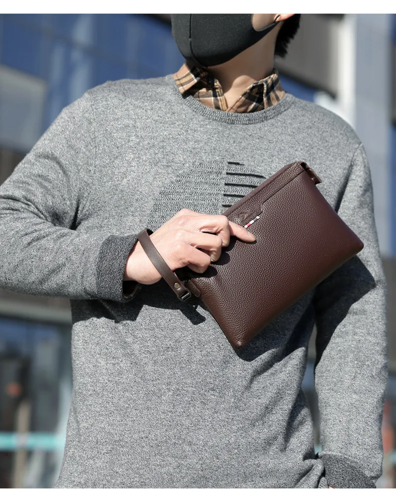 Men's Genuine Leather Cowhide Wallet Large Capacity Casual Tote Envelope Clip Handbag - Stylish Clutch Bag