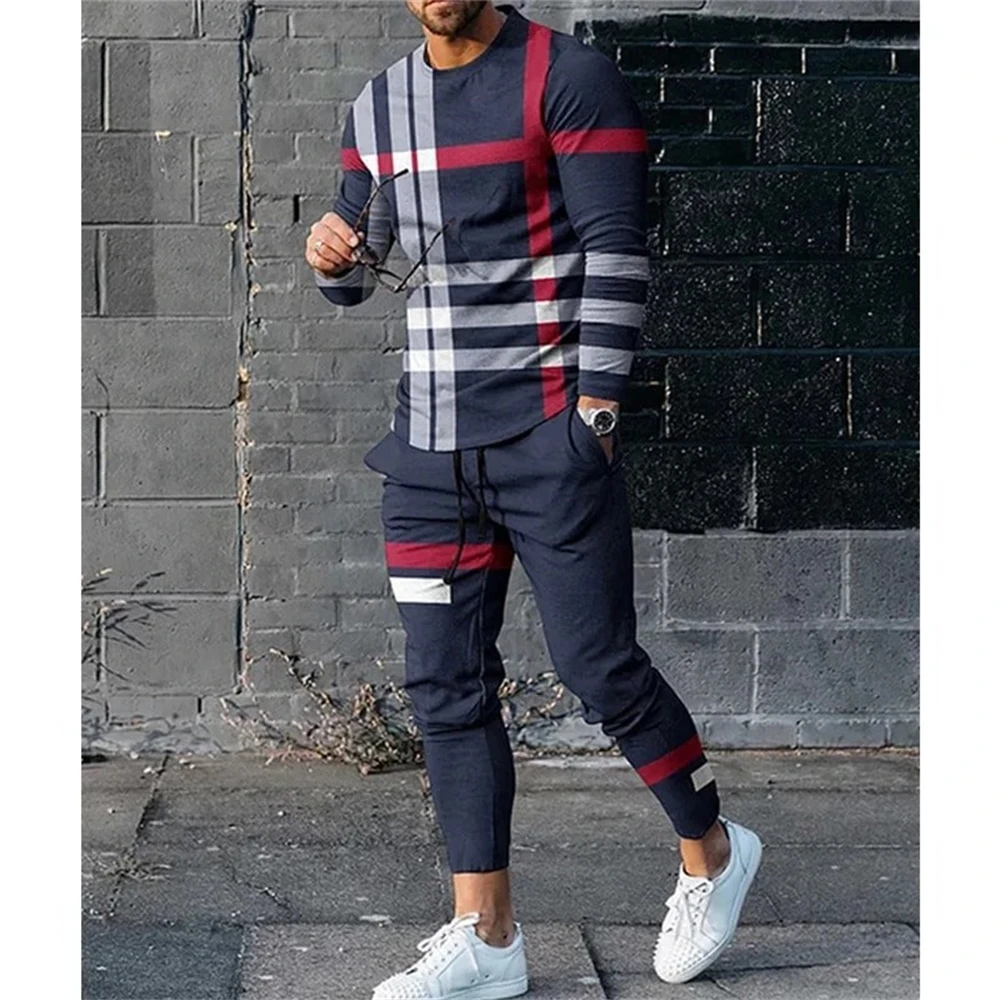 Tracksuit 2 Piece Set Men Oversized Striped Jogging Suit 3D Long Sleeved Sweatshirt T Shirt Trousers Outfit Casual Streetwear