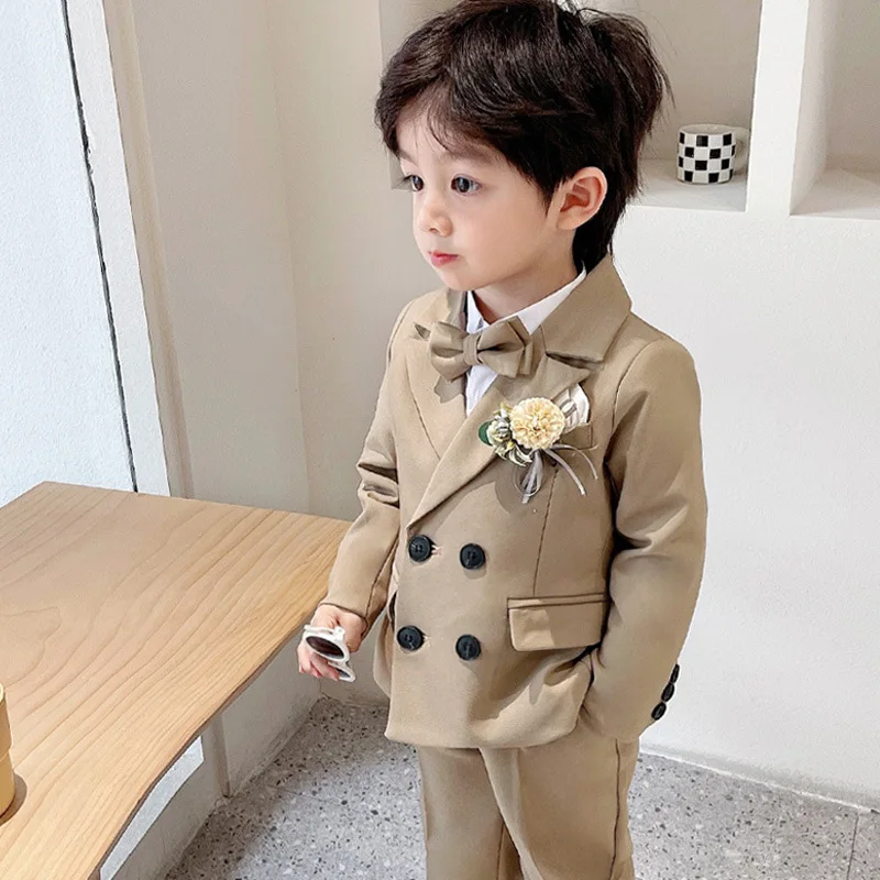 

Children's Formal Double Breasted Suit Set Boy's Solid Color Wedding Party Hosting Costume Kids Blazer Pants 2pcs Clothes Set