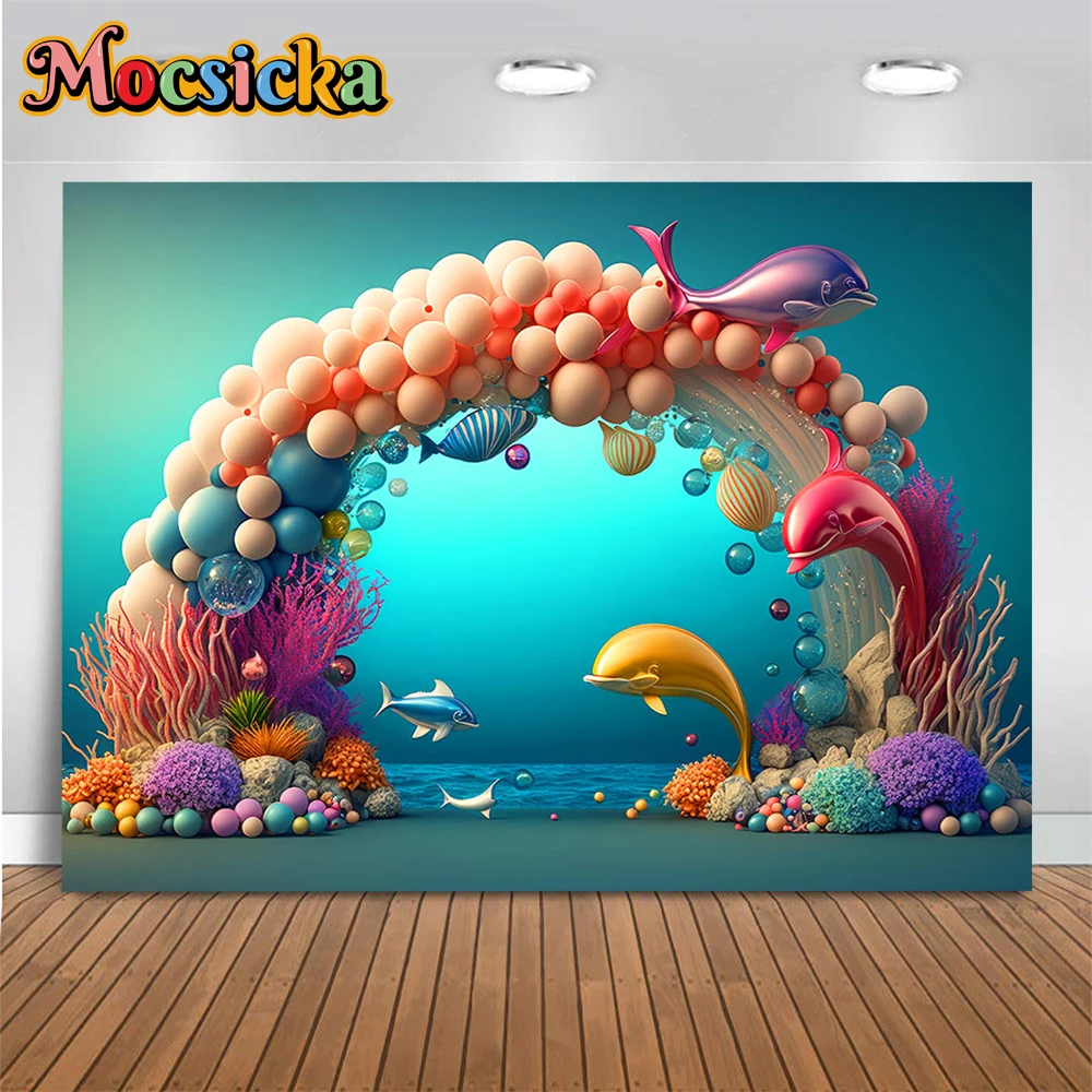 Mermaid Girl Birthday Background Kids Cake Smash Prop Under the Sea Blue Bubble Balloon Decor Photography Backdrop Photocall