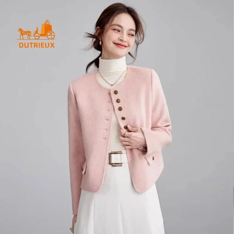 High-end Cashmere Coat for Women, New Style Double-faced 100Wool Winter,Short Round Neck, Gentle and Elegant Party