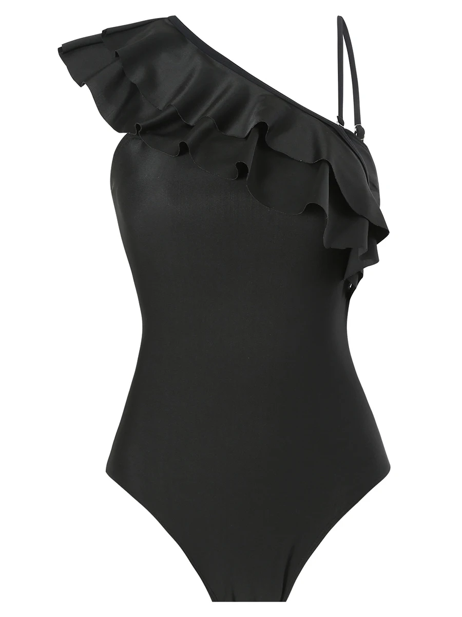 2026 One Shoulder Frill Solid Swimsuit Women One Piece Swimwear Female Beachwear Bathers Bathing Swimming Swim Suit
