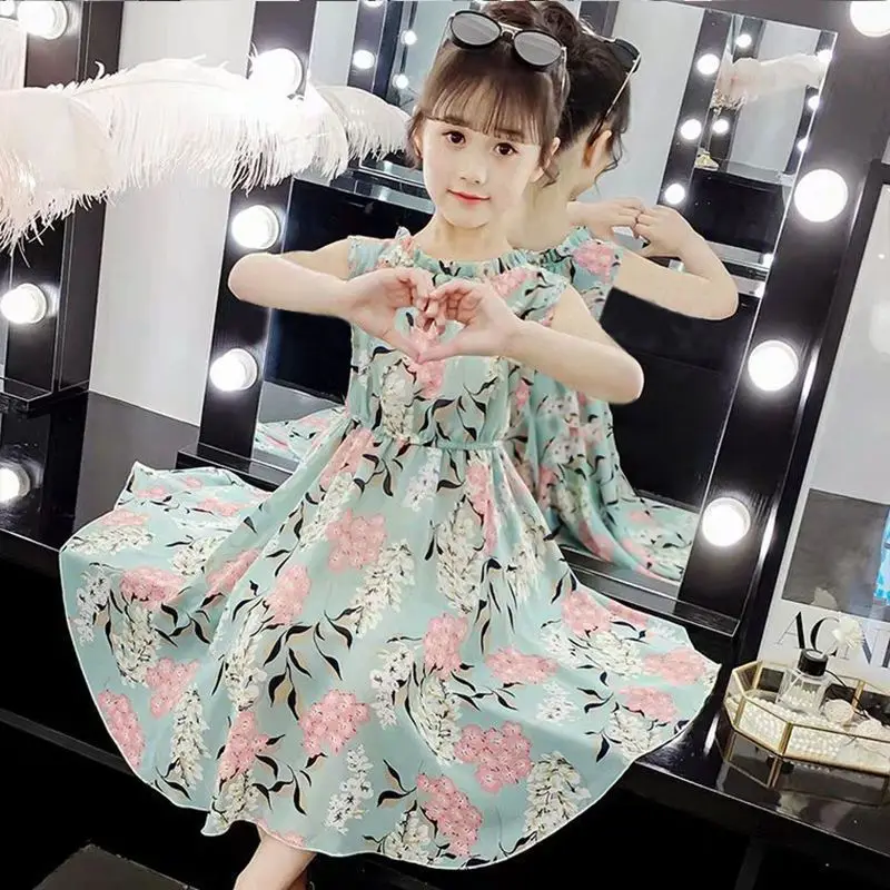 European 2025 Summer Girls mesh chiffon Teens Princess Kids Dress strapless Sleeveless Vestidos Floral clothes 6 8 9 10 12 Year