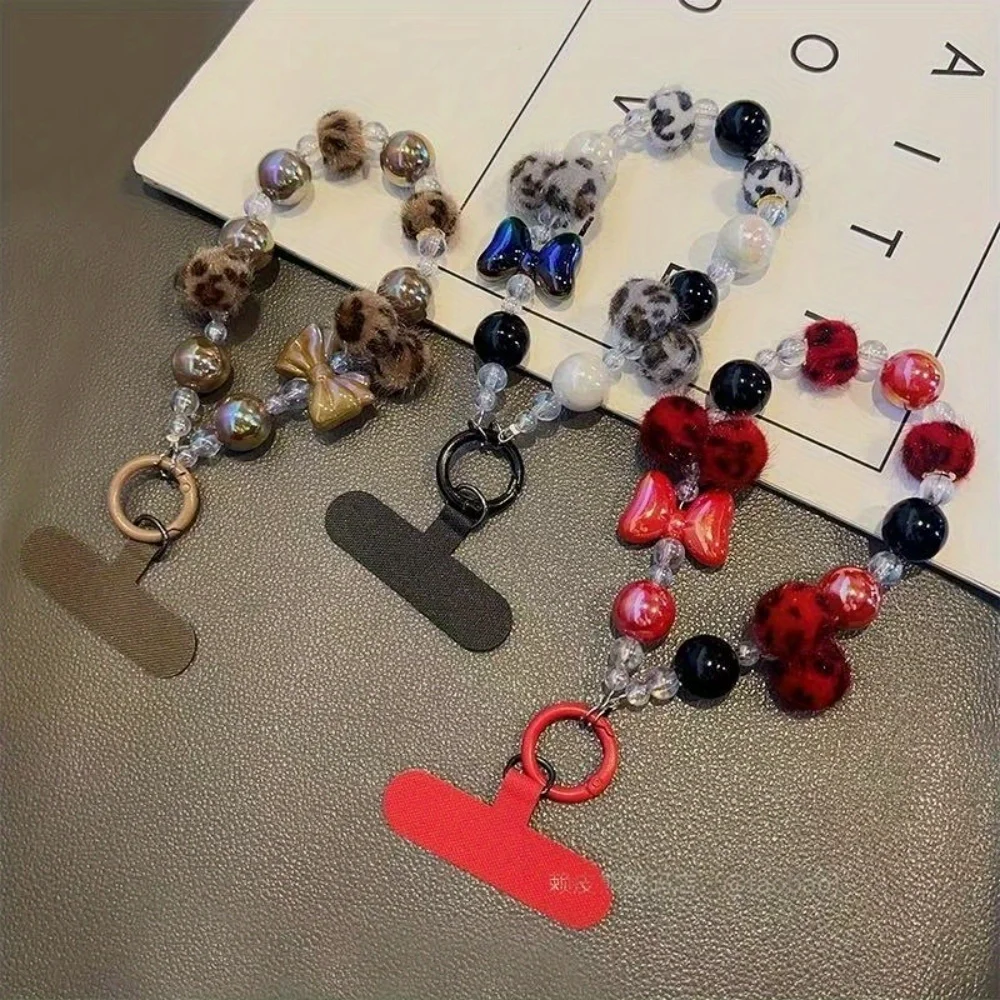 

[Lw] Leopard print hairball bow beaded short chain pendant mobile phone lanyard keychain wrist pendant