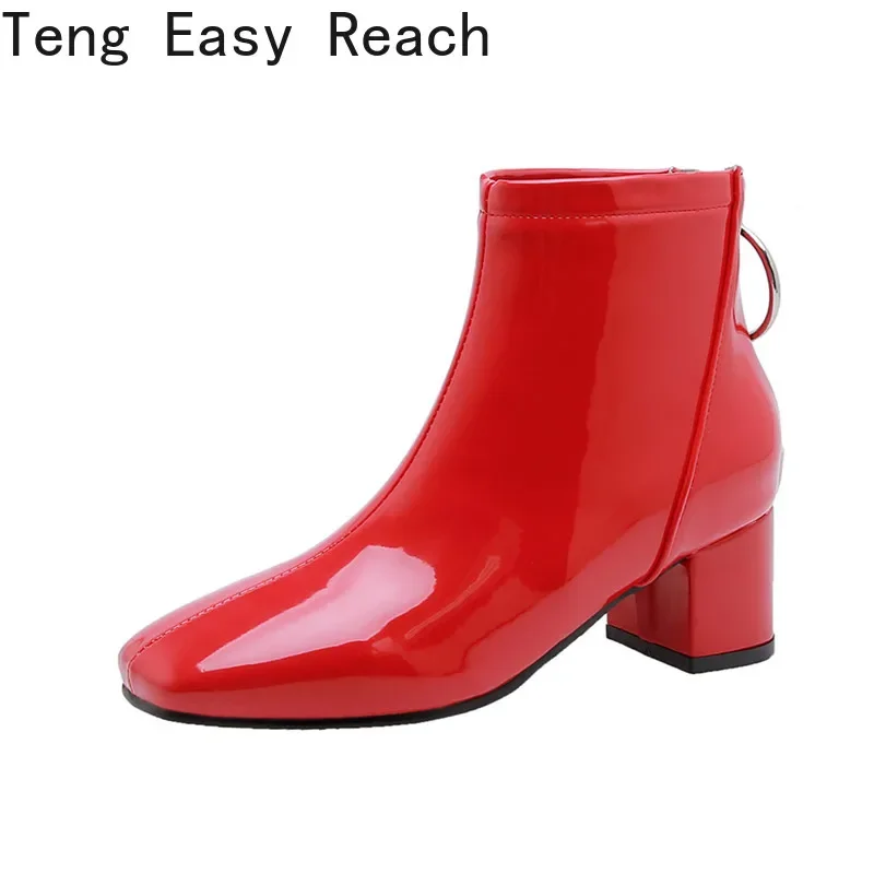 The New Patent Leather Ankle Boots Women Winter Autumn Square High Heel Zipper Boots Round Toe Woman Shoes White Red Black Pink