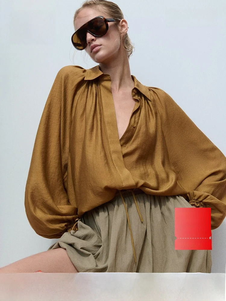 

H&M Women's Shirt Summer 2026 Effortless Large Oversized Drawstring Polyester Lyocell Blend Elegant Style Long Sleeve Button-Up