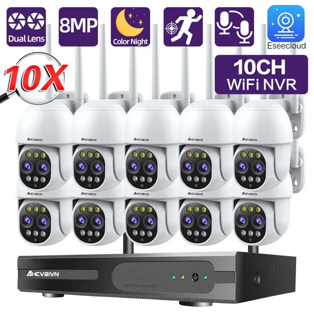 10 Channel Wifi CCTV Camera Security System Kit 4K 8CH Wireless NVR Kit 10X Zoom Dual Lens PTZ IP Camera Video Surveillance Set