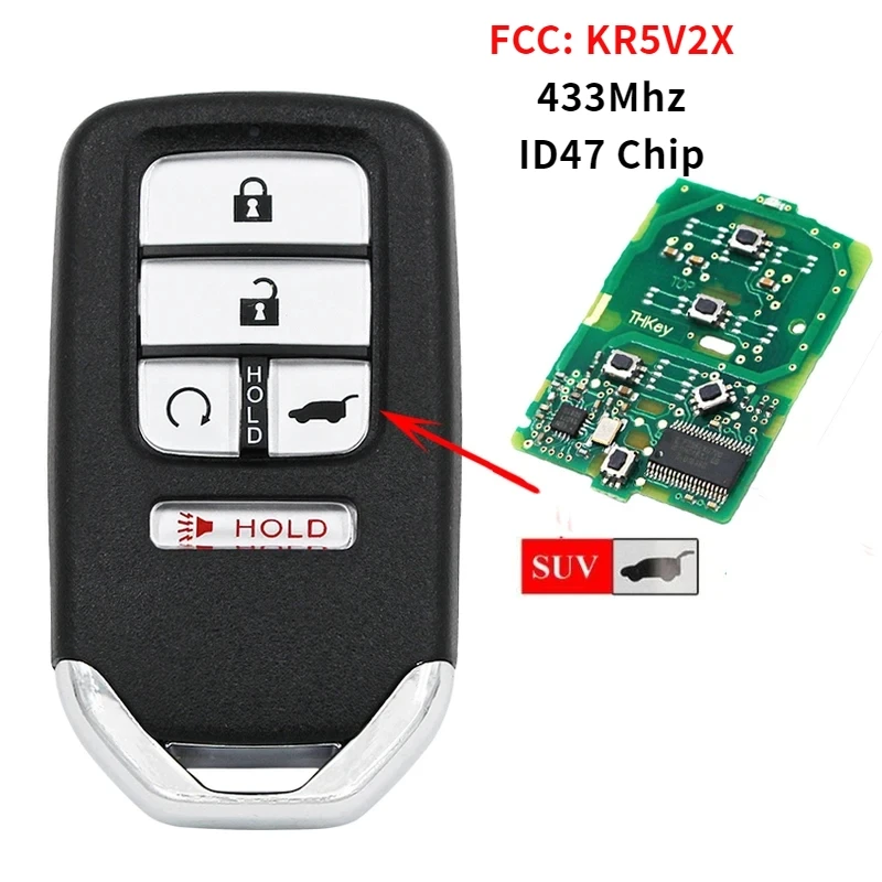 

4 1/5 button smart remote SUV key fobfor Honda Piot CR-V civic 2016 2017 2018 2019 2020 2021 433MHz id47 chip FCC: kr5v2x key