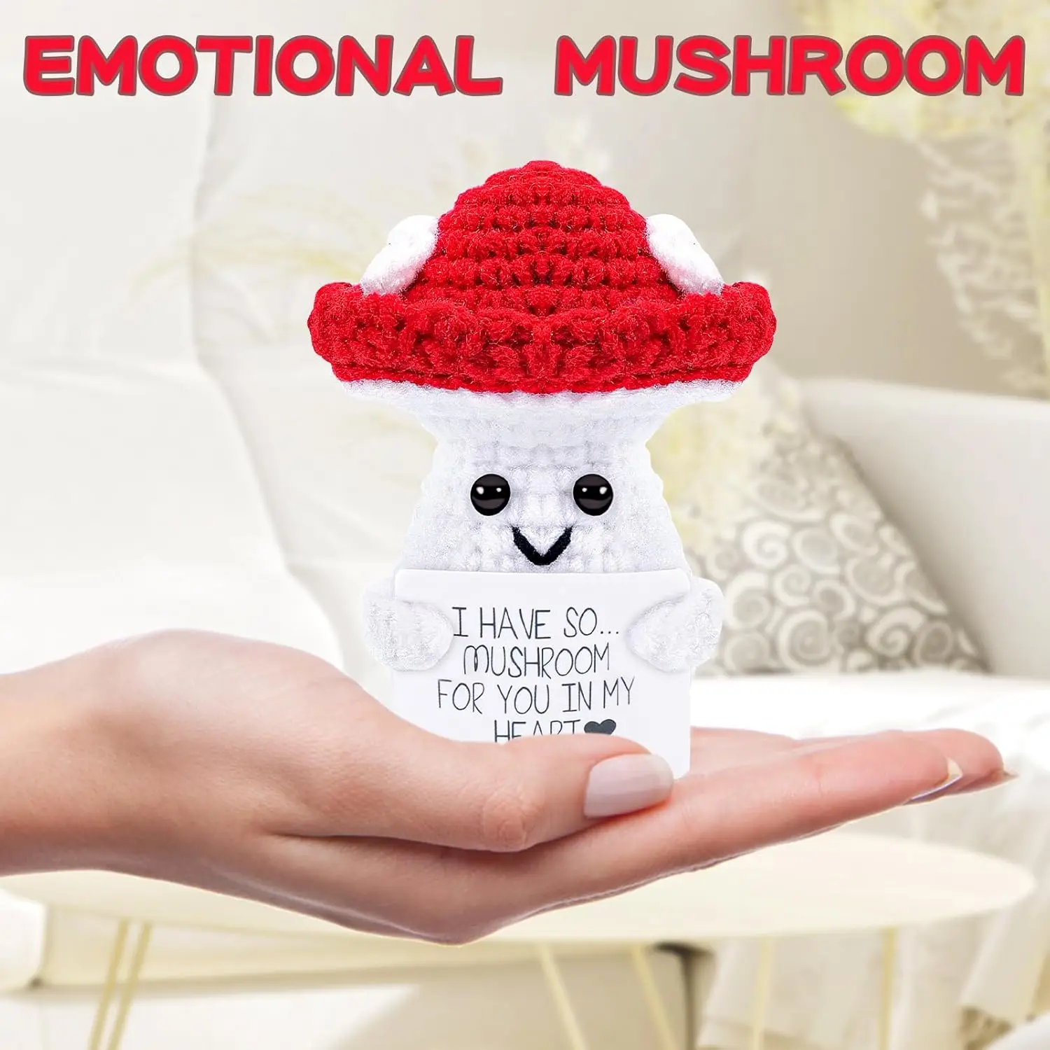 Funny Positive Energy Mushroom Hug Pocket Doll Mini Handmade Plush Knitted Plant Ornament Home Room Decoration Christams Gift