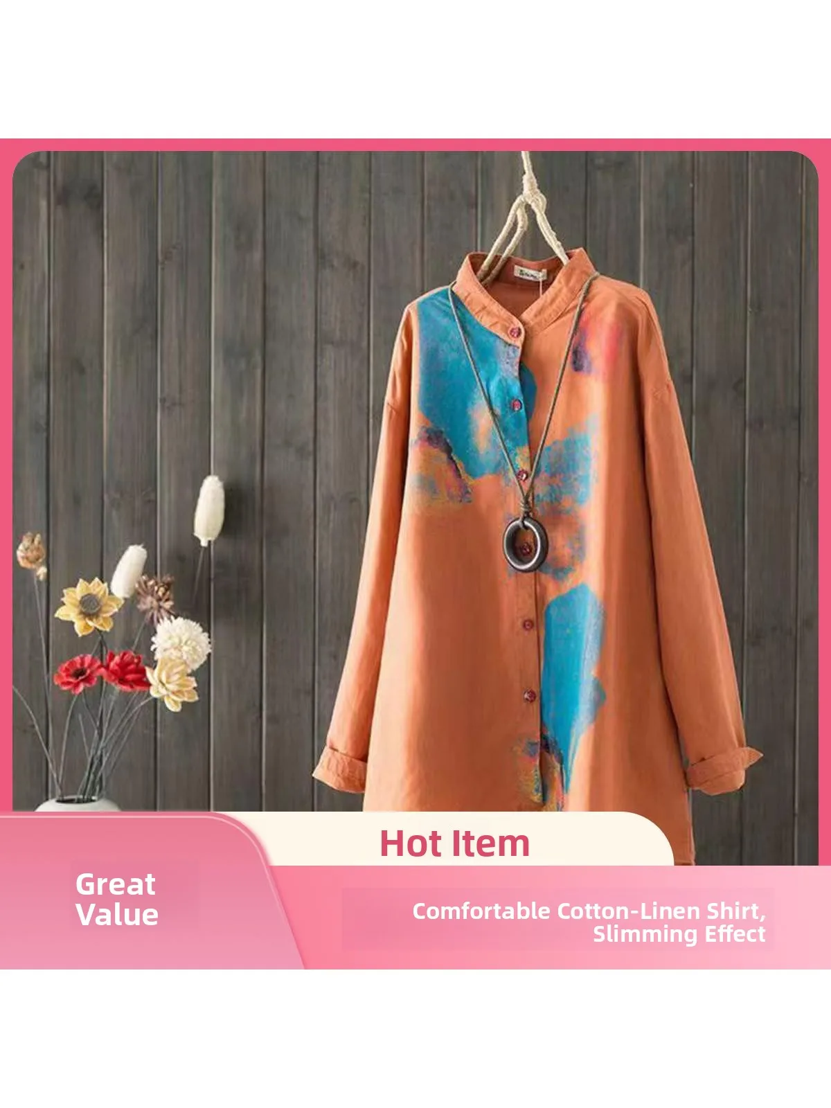 

Loose Fit Cotton Linen Long Sve irt Stand Collar mid Length Slimming Brand Women's Faion Commute Sle Ethnic Print