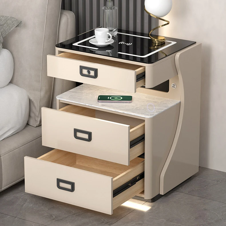 طاولة بجانب السرير الذكية ذات الموضة الجديدة، صندوق أمان بسيط متكامل، شحن لاسلكي، طاولة بجانب السرير الذكية