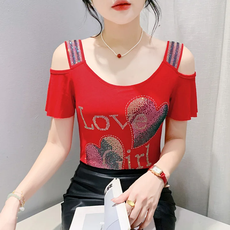 2025 Summer New Heavy Industry Double layered Mesh Tops Short sleeved Fashion Off the Shoulder  Diamond Women\'s  T-Shirt