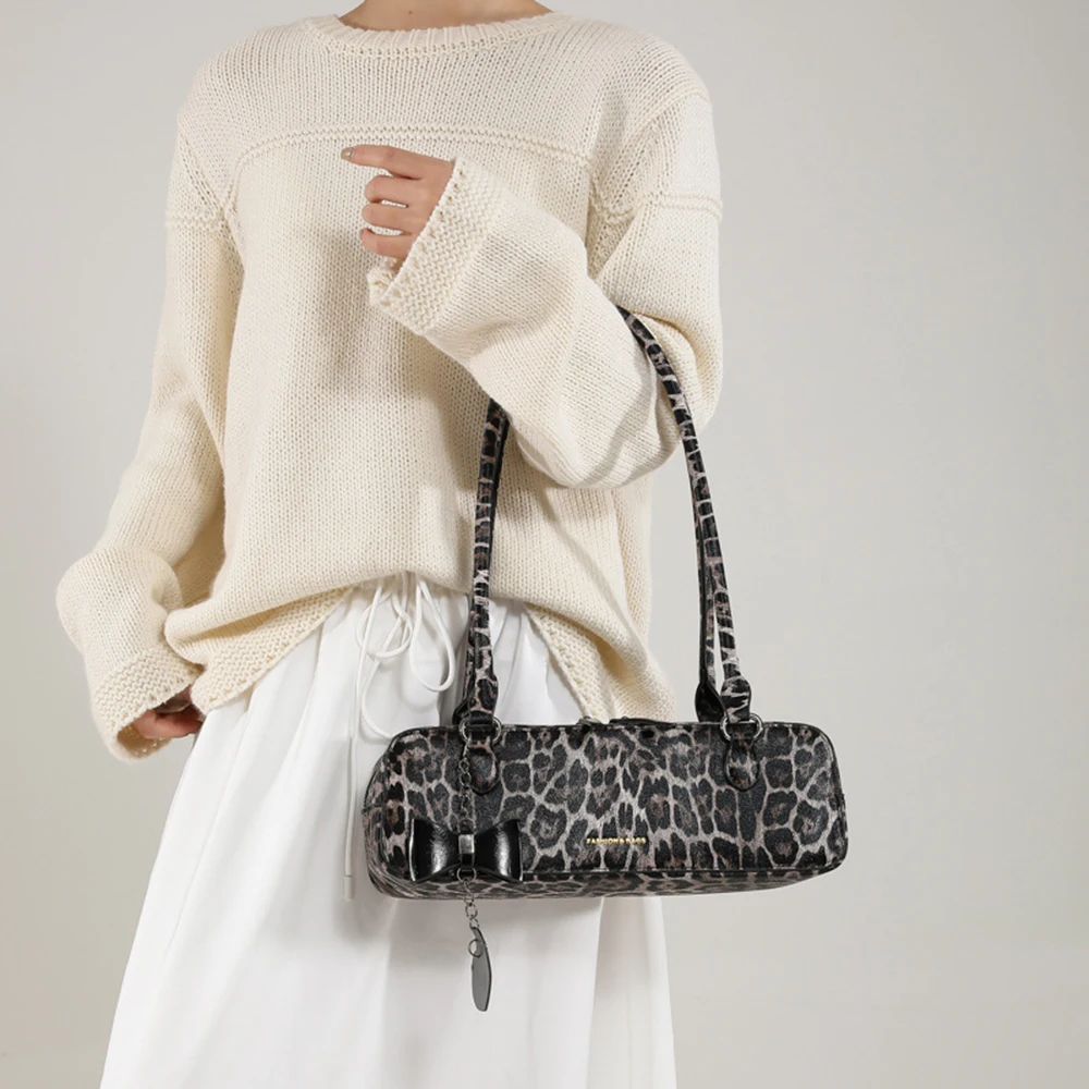 Leopard Print PU Leather Shoulder Bag Color Block Underarm Purse Sweet Cool Style Classic Design Single Bag For Women Daily Use