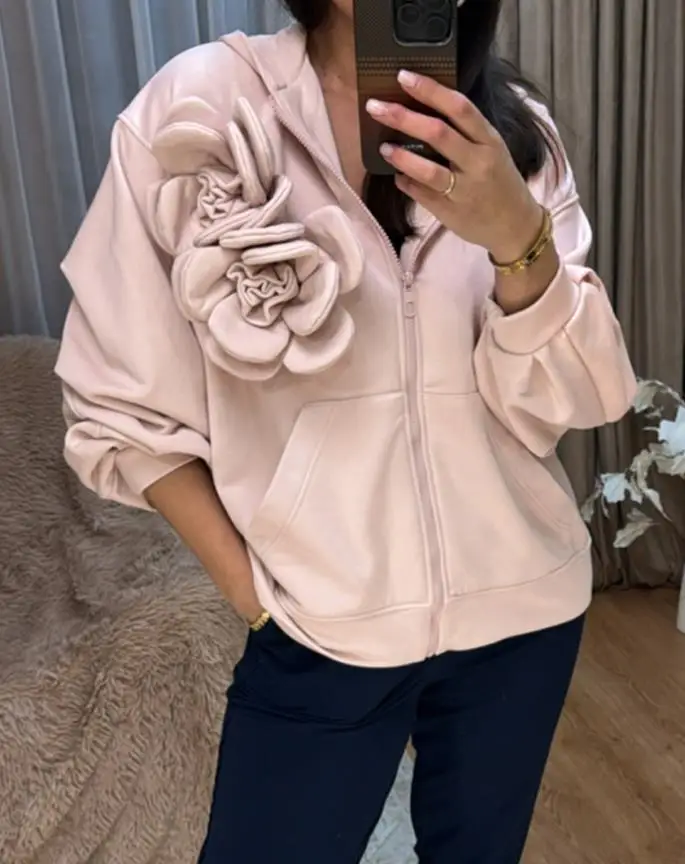 

Женская куртка на плечо с 3D цветочным декором, пальто с капюшоном, осенняя новая модная женская повседневная свободная толстовка на молнии спереди с карманами