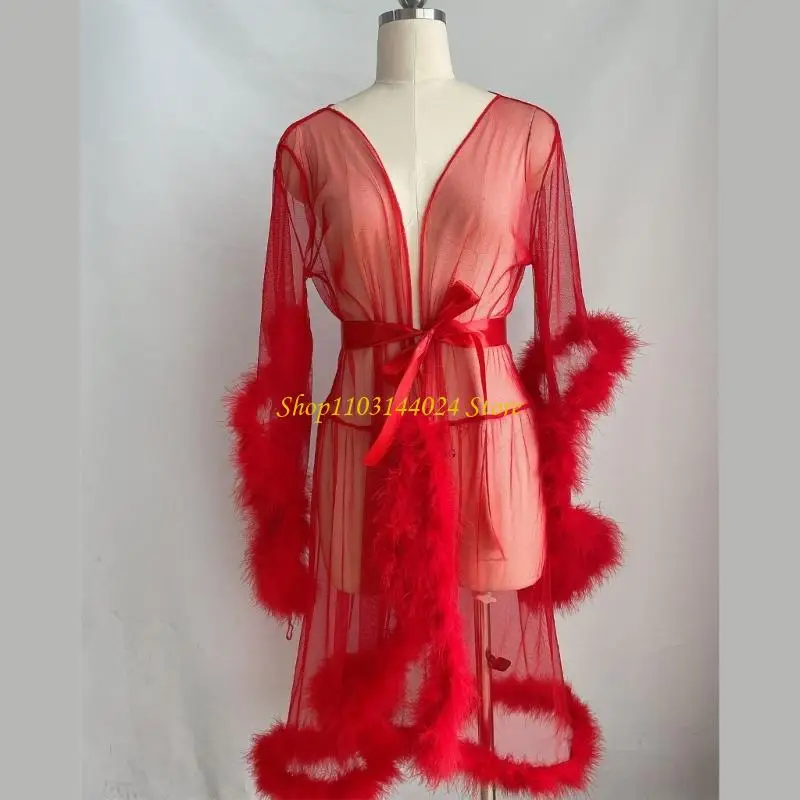 N5KE Luxurious Women's See Through Mesh Kimono Robe Faux Furs Trim Long Sleeve Chemise Dressing Gown Sheer Lingerie Sleepwear