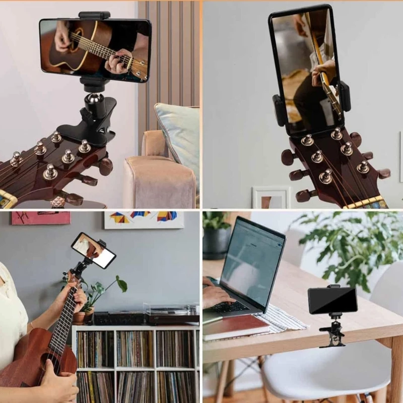 Guitar Head Phone Holder Replacement 360 Rotating Guitar Phone Mount Clamps for Live Broadcast Teaching Video Recording