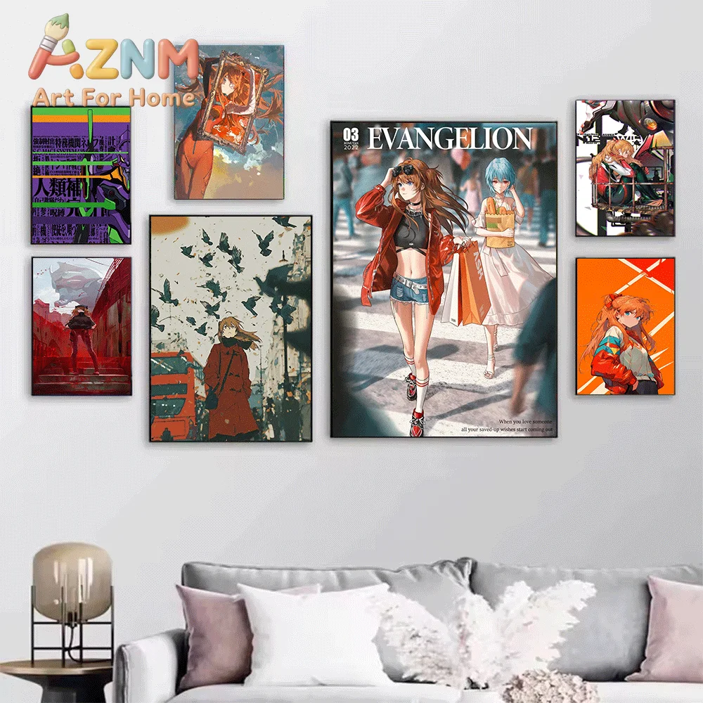 Neon Genesis Evangelion Anime Canvas Wall Art, EVA Unit 01 Asuka Langley Retro Character Poster, Unframed Canvas Painting for
