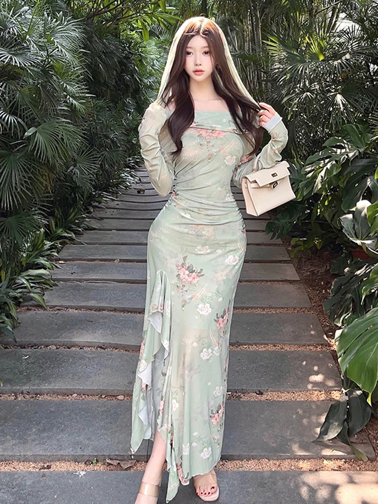 

french Retro Printed Side-slit Asymmetric Green Hooded Pencil Dress For Women Halter Camisole New Autumn Korean-style Dresses