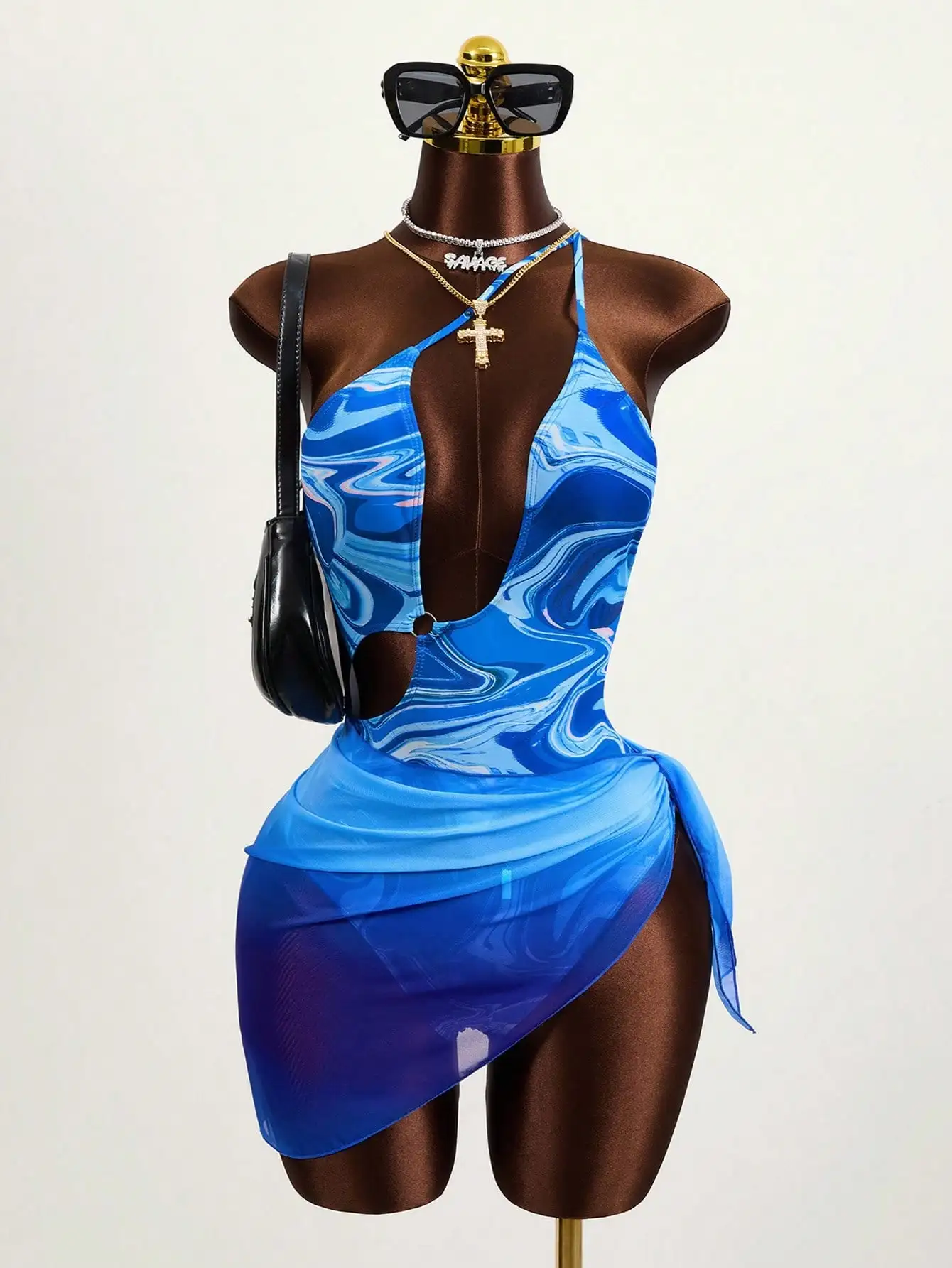 

Blue Marble Print Cut-Out One Shoulder One-Piece Swimsuit with Sheer Wrap Skirt