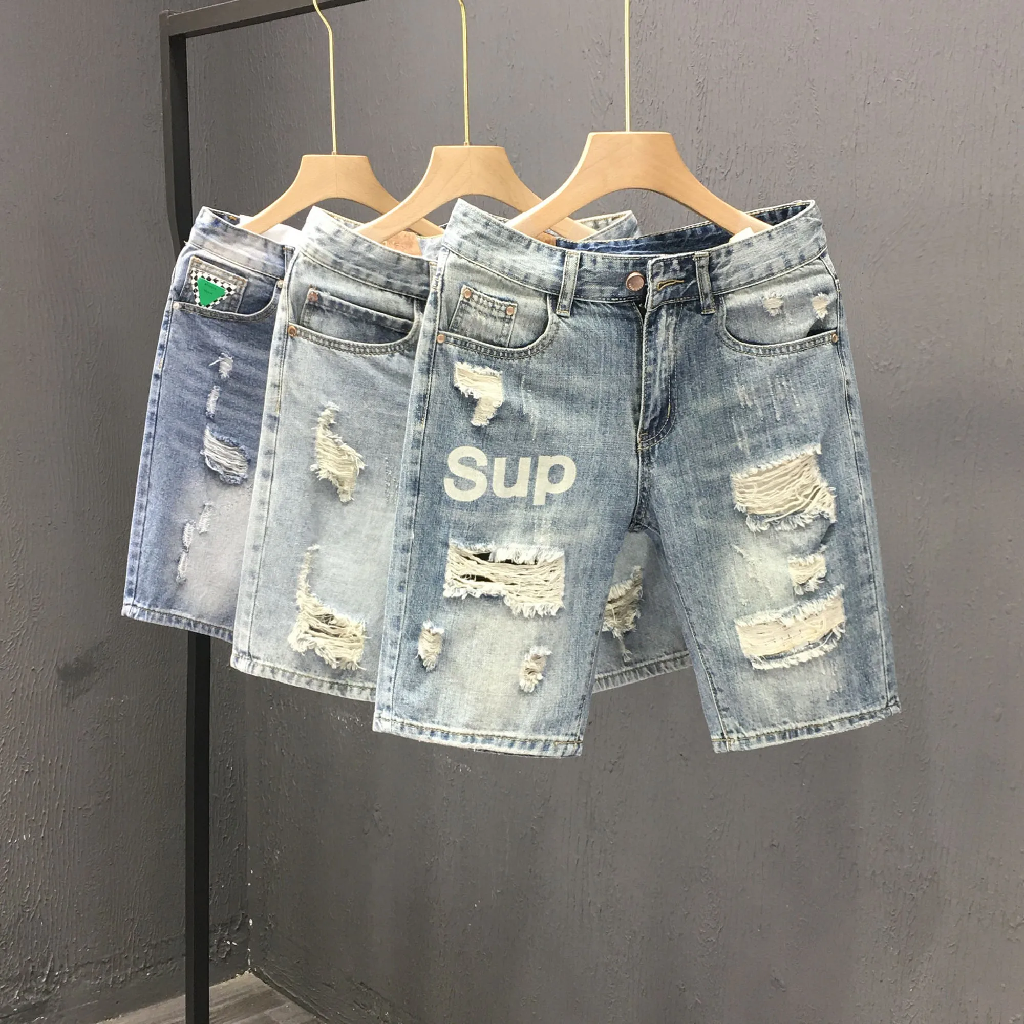 

Summer Thin Denim ort Pants Men's Trendy Brand Straight Leg Slim Fit Five-Point Pants Casual Wear Durable Worn-In Fini