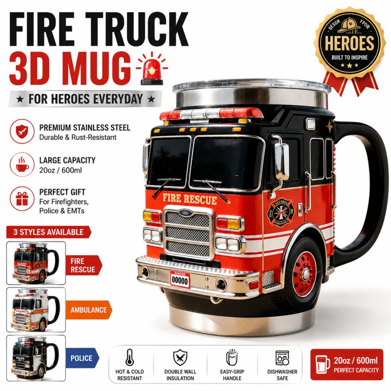 Novelty 3D Stereoscopic Fire Rescue Fire Truck Coffee Mug Large Capacity Stainless Steel Resin Cup For Firefighter Birthday Gift