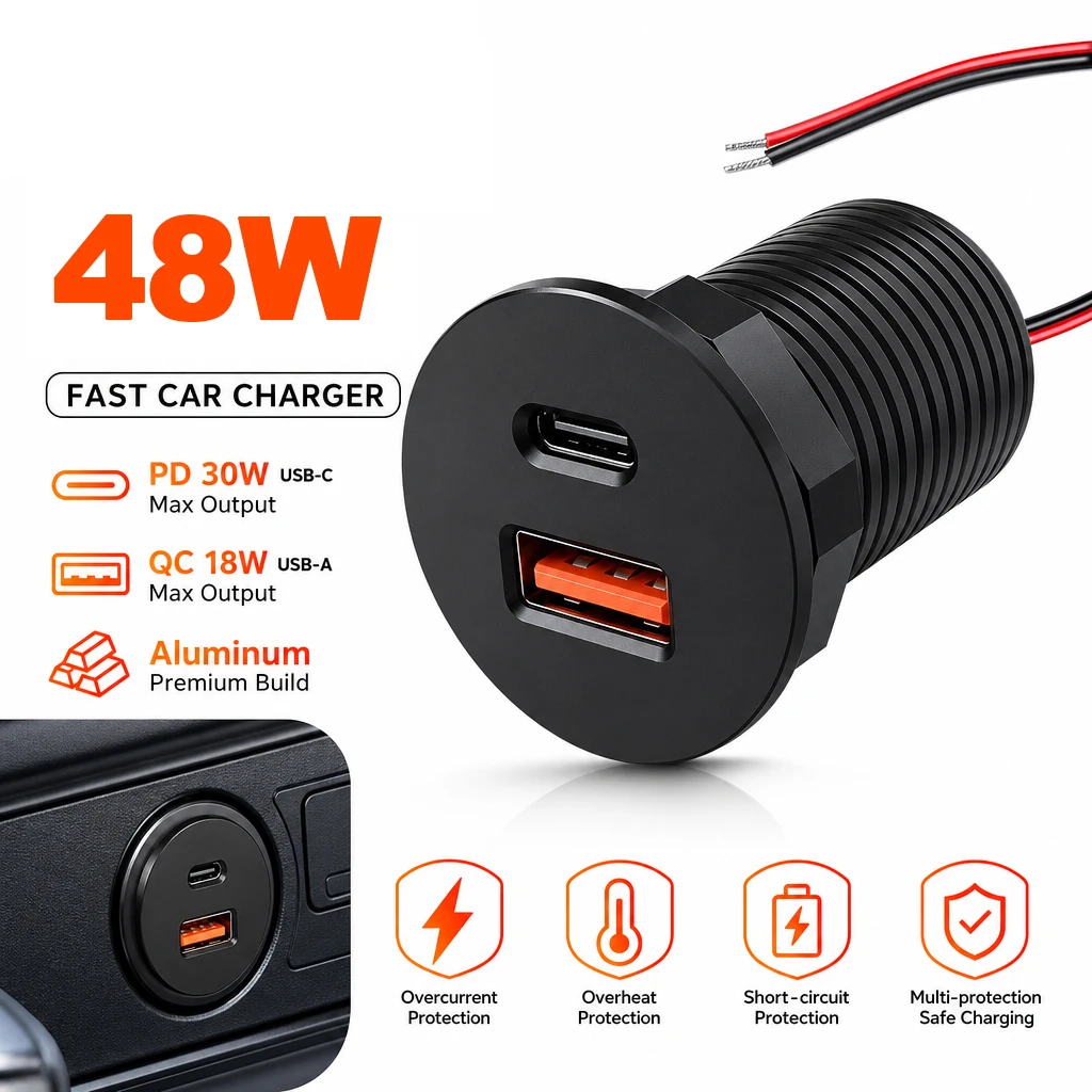 ZHIYU 12V/24V Car Charger 30W PD Type-C & 18W QC3.0 Fast Charging Aluminum Power Adapter for Car RV Camper Trailer Truck Boat
