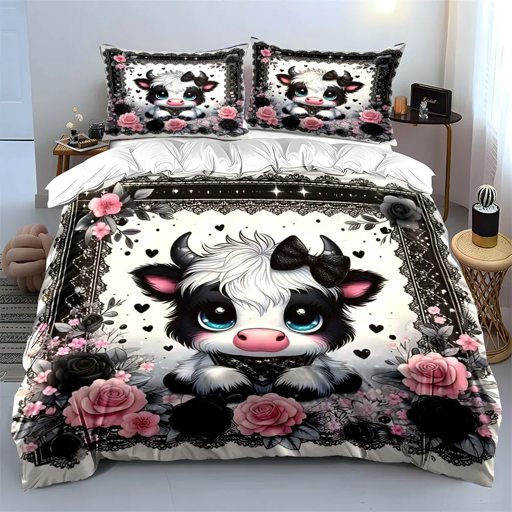 Cute Highland Cow with Floral Frame Print Bedding Set 1 Duvet Cover 2 Pillowcases for Adult and Children Luxury Gift Full Size