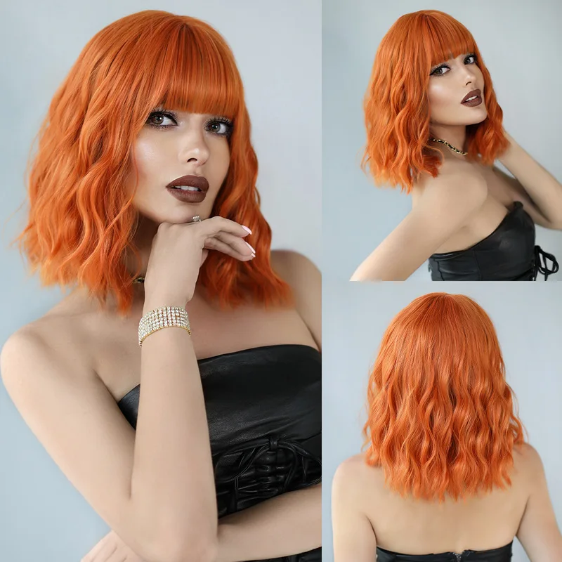 Note on ordering - wavy in dirty orange color for women, short curly hair with bangs, synthetic fiber full head wig