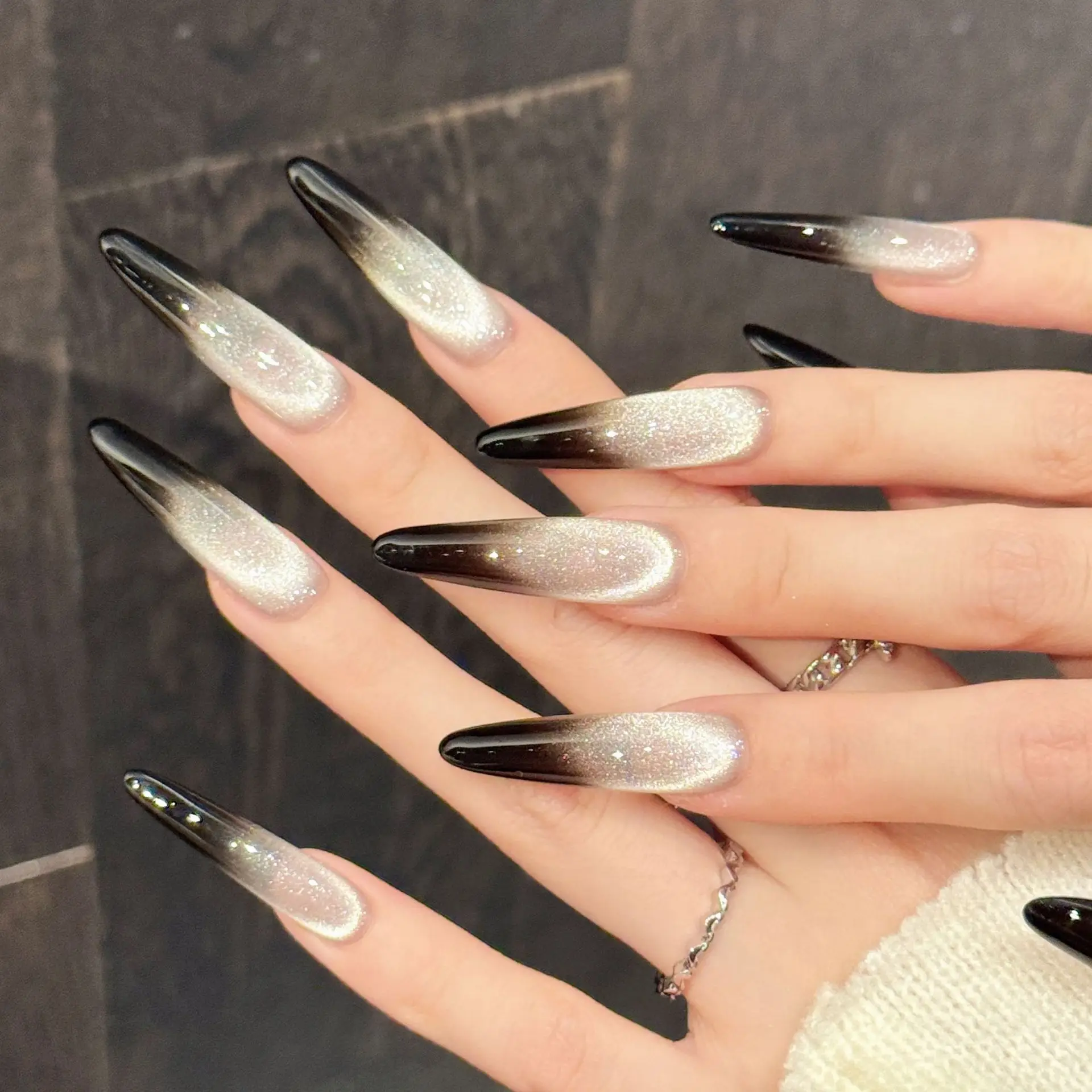 

10PCS Handmade Press On Nails Stiletto Shape Fine Dog Tips Glamorous Fake Nails With 4-PIECE Tool Adhesive Nail Glue Tabs