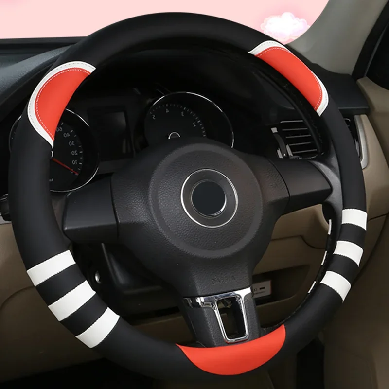 Kawaii Car Steering Wheel Cover Cute Cat Ear PU Leather Steering Wheel Protector for Girl Women Four Seasons Universal Pink Red