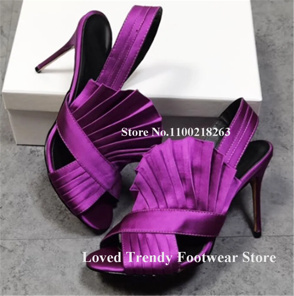 Women Elegant Pink Purple Gold Red Satin Ruffles Stiletto Heel Sandals Open Toe Fringes Straps Thin Heel Party Heels - view 3