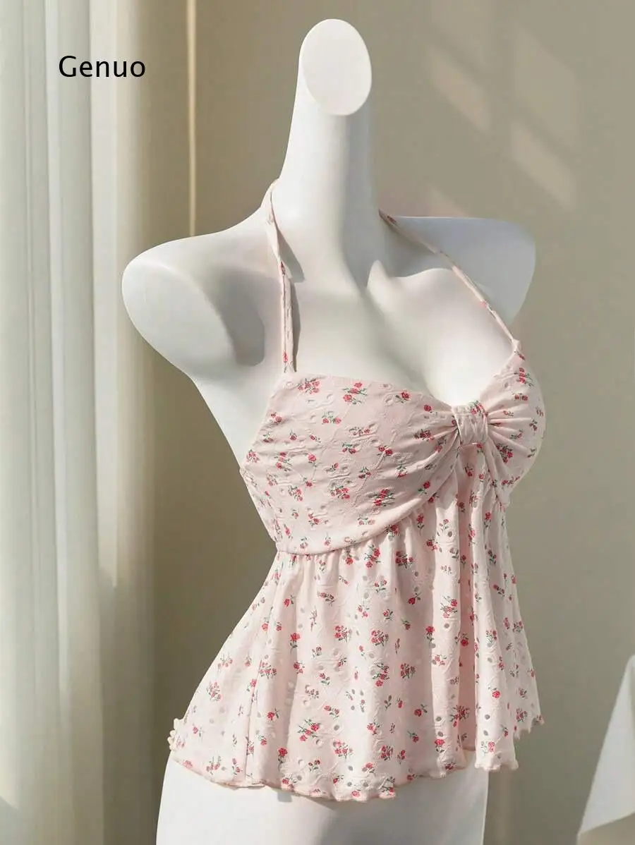 2026 Women Japanese Sweet Fresh Floral Print Tie Front Spaghetti Strap Vest Summer Casual Top