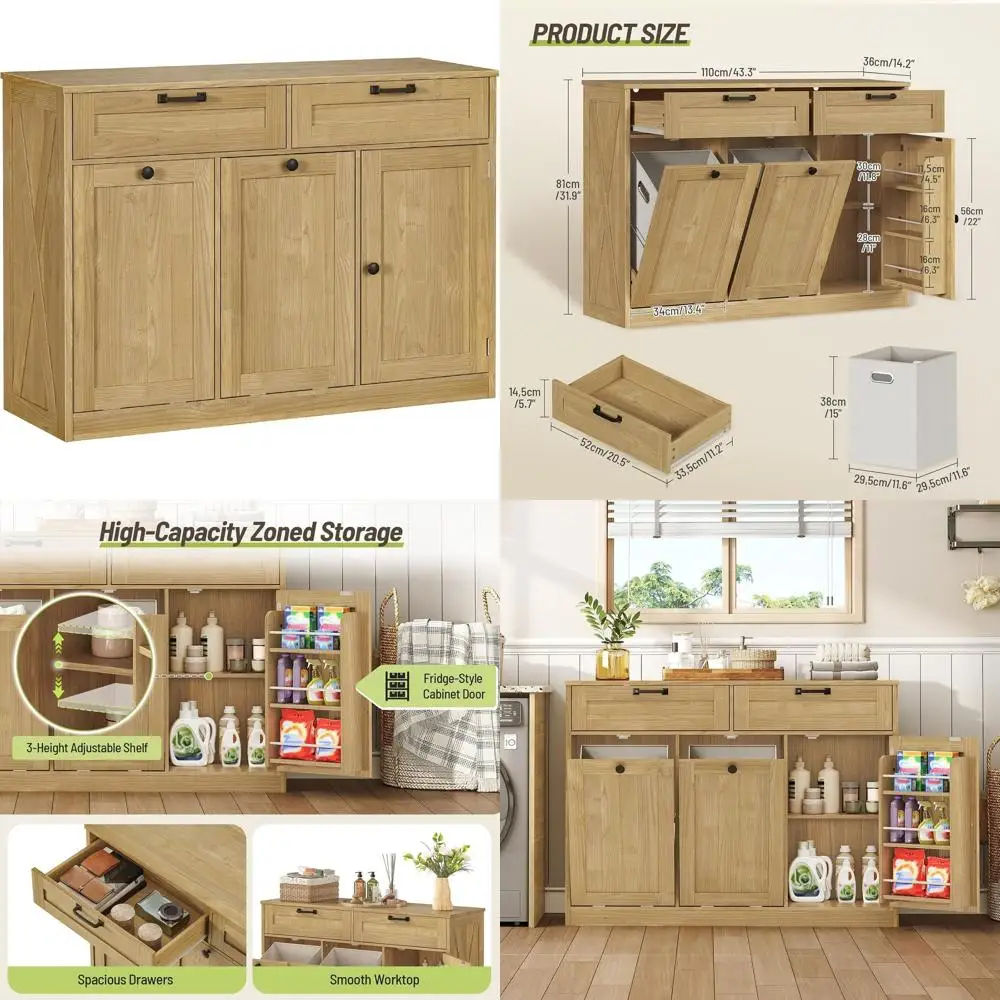 

Тумба для белья с двумя корзинами, 43,3 дюйма в высоту, деревянная, с выдвижными контейнерами, идеально подходит для ванной комнаты или в качестве мусорного бака, натуральное покрытие