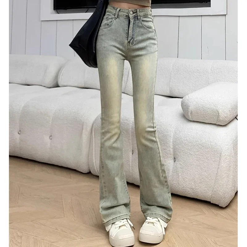 Woman High Waist Designer Flare Jeans Female High Street Elastic Bell Bottom Pants Girls Fashion Yellow Slim Fit Denim Trousers