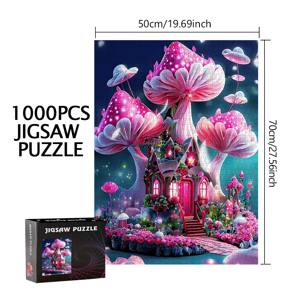 จิ๊กซอว์บ้านเห็ดมหัศจรรย์ 500/1000 ชิ้น - บ้านเรืองแสงและป่าเรืองแสงในยามค่ำคืน พร้อมเห็ดสีชมพูและสีขาว