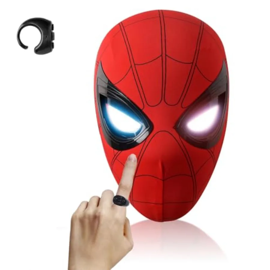Electric Spider Superhero Role-Playing Mask with Moving Mech Eyes and LED Lights - Remote Control Ring, Fun Gift for Fans