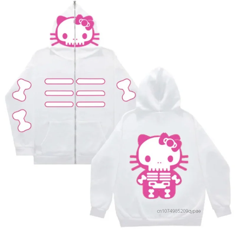 Sanrio Hello Kitty Cat Anime Female Clothes Skull Halloween Cartoon New Zipper Hoodie Japanese Style Y2k Girl Printing Pullovers