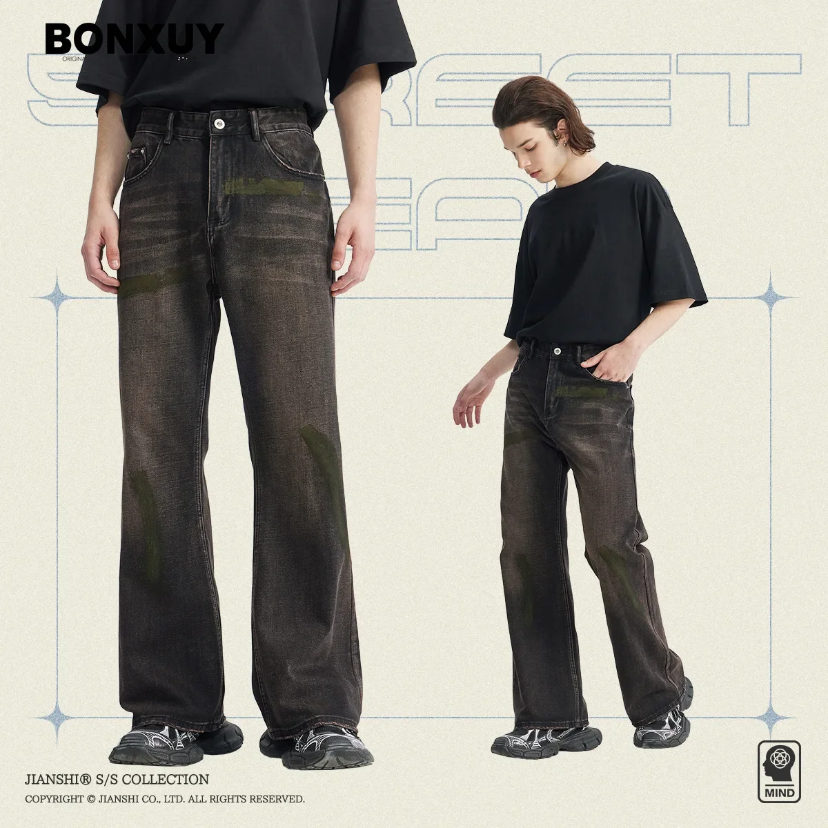 

BONXUY Vintage hand-painted senior sense of micro jeans men's Slim cleanfit washed wide-leg baggy casual pants