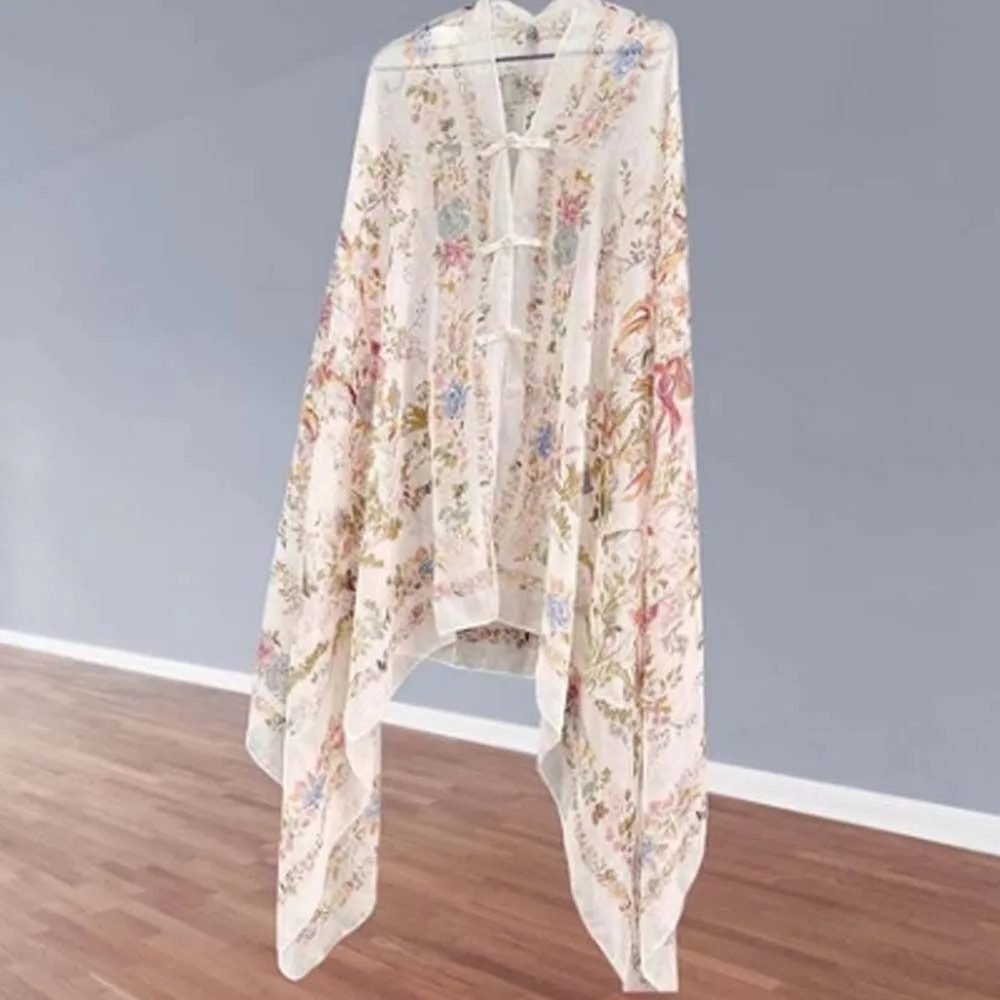 

Breathable Women Floral Scarf Frog Button Tie-dye Thin Large Shawl Bird Patterned Lightweight Sunscreen Headscarf Vacation