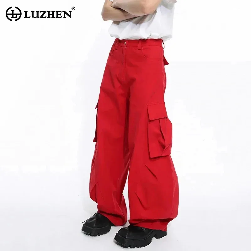 

LUZHEN Oversize Men High Wear Spring Street New Overalls Design Wide Leg Workwear Pants Sold Color Fashion Pocket Trouser 9C5103