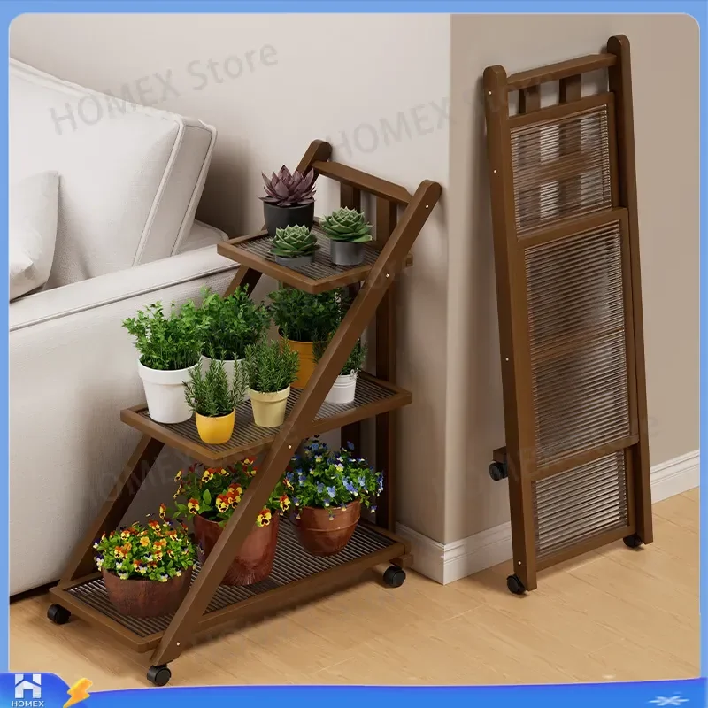 Simple Folding Flower Stand Indoor Outdoor Movable Stepped Shelf Potted Plant Trolley Balcony Living Room Metal Rack Storage
