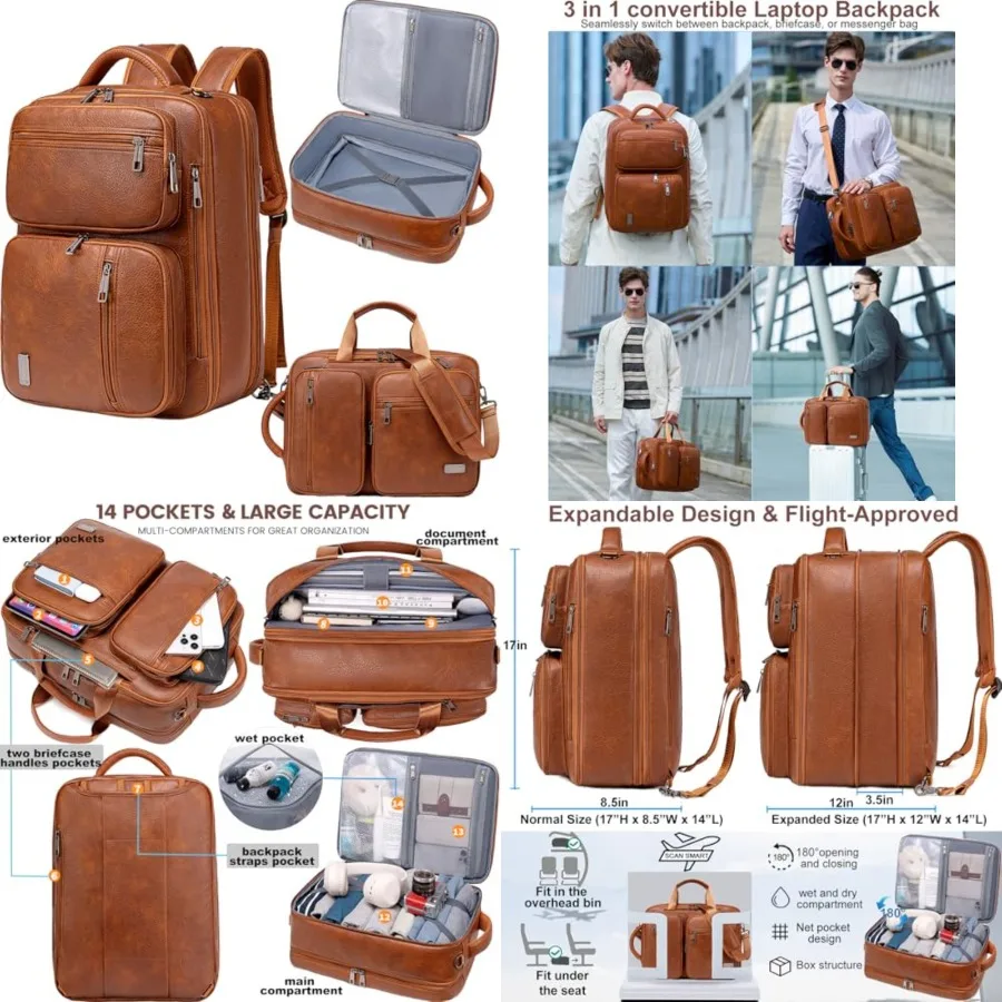 

weiatas 3-in-1 Vegan Leather Convertible Laptop Bag for Men Women, Expandable Travel Backpack Work Briefcase Messenger Bag Conv