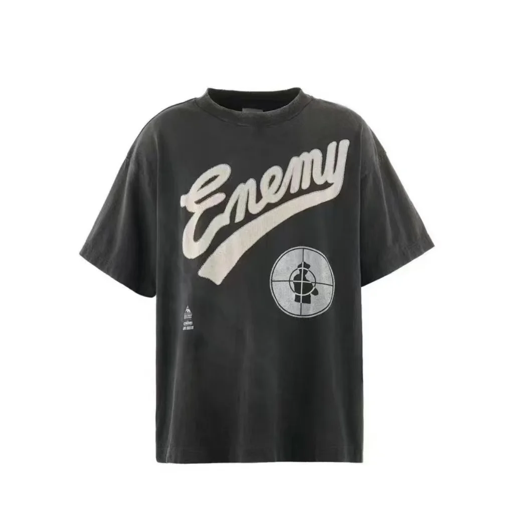 Saint Heavy Cotton Vintage Letter Target Graphic Tee Acid Washed Oversized Streetwear Men Casual Short Sleeve T Shirt