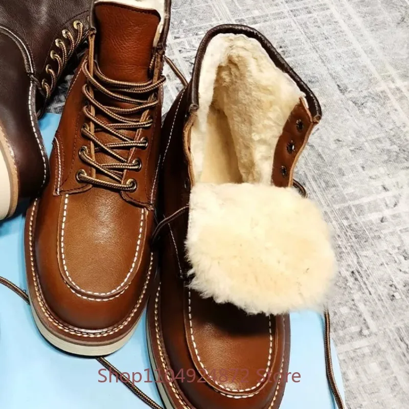 Winter Fur Warm Wool Snow Boots Men's High Top Platform Flat Waterproof Boots Male Cotton Shoes Genuine Leather Ankle Boots