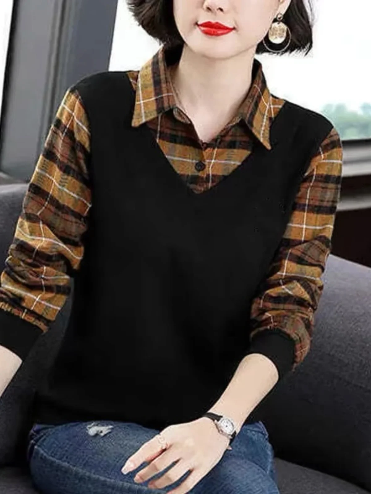 봄 가을 큰 사이즈 엄마들을 위한 세련되고 편안한 롱 슬리브 티셔츠 여성 투피스룩 출퇴근룩 한국 스타일...