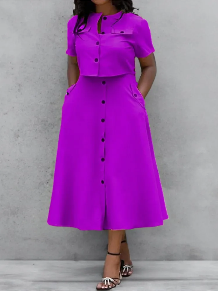 Two Piece Set For Women Summer Short Sleeve O-Neck Button Shirt Commuting Casual 2 Piece Sets Office Elegant Short Sleeves Skirt image 4