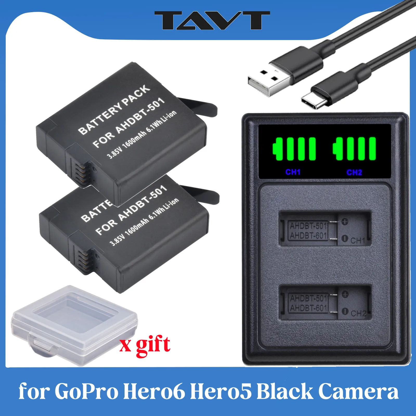 

For Gopro Hero 5 Battery Replacement+LED USB Dual Charger with Type C for GoPro HERO5 GoPro AHDBT-501 Action Camera Battery