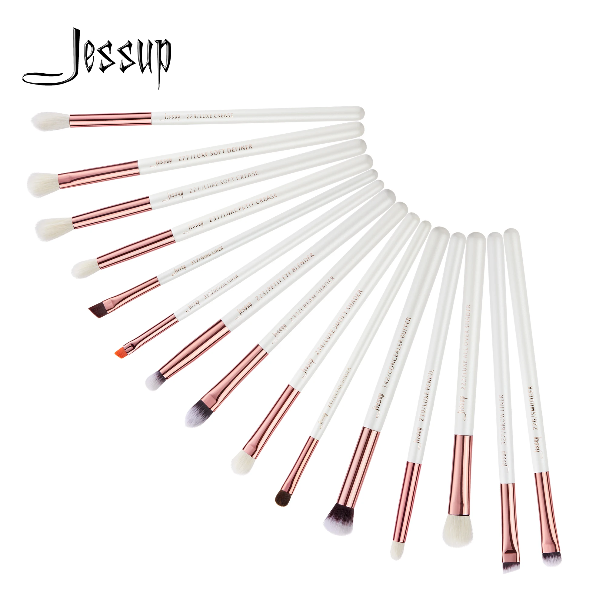 Jessup-pincéis de maquiagem kit t217, 15pcs, branco pérola/ouro rosa, ferramentas cosméticas, delineador, shader, corretivo, lápis